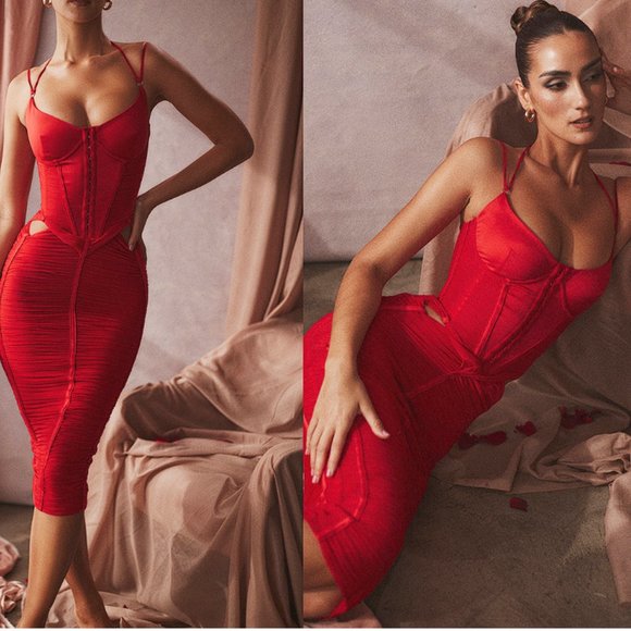 House of CB Dresses & Skirts - HOUSE OF CB 'Maya' Scarlet Ruched Midi Dress NWOT